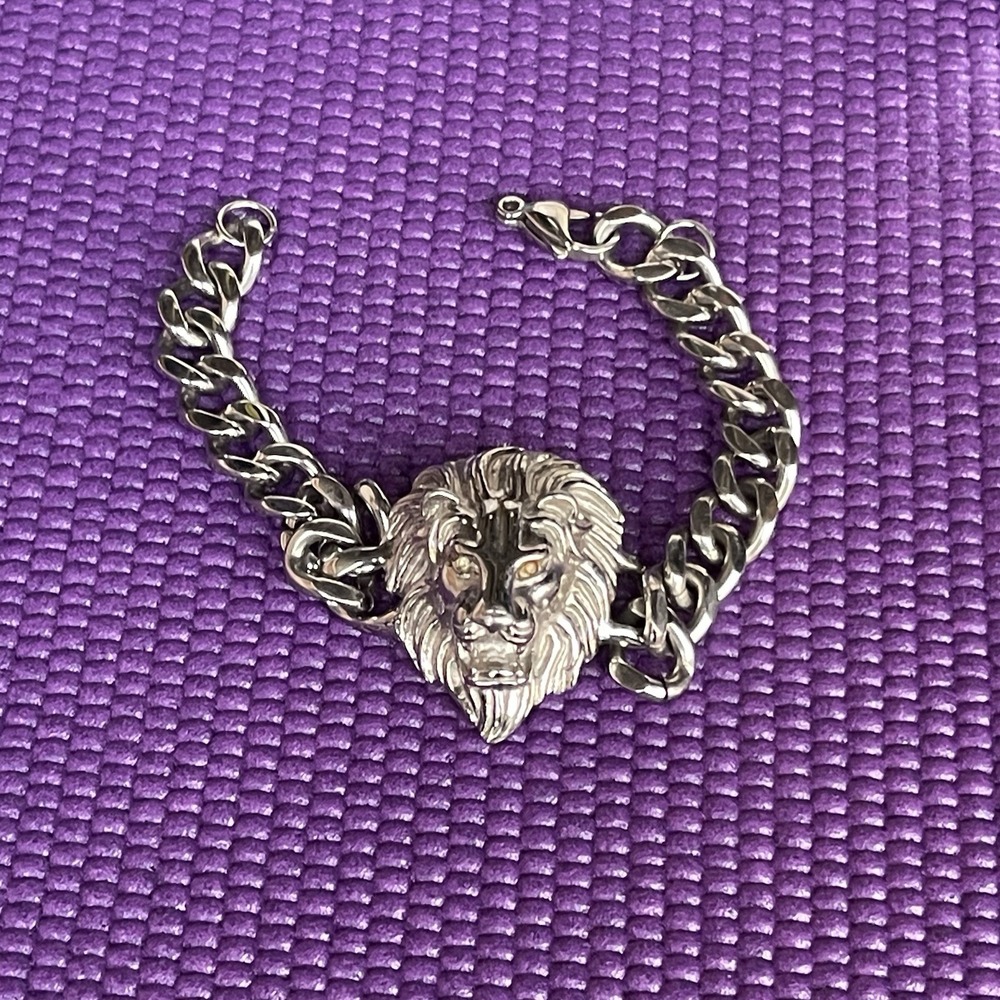 Vintage Lion Head Figural Link Bracelet Silver Tone Statement Jewelry